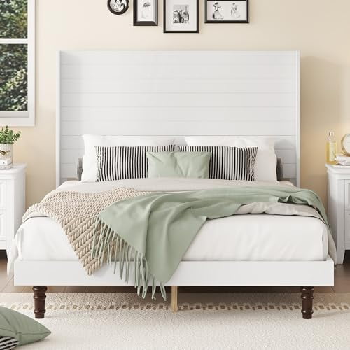 54 "Tall Headboard Queen Bed Frame, Upholstered Platform Bed Design Ideal for Reading or Relaxing, Suitable for Bedrooms, Apartments, No Box Spring Needed, White$$Home Decor, Kitchen, & Other