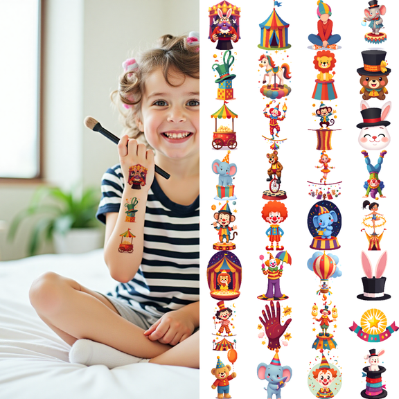 54 Temporary Tattoo Stickers Waterproof Long Lasting Body Stickers Circus Clown Animal Juggling Adult Men Women Kids Boys Girls Tattoo Stickers Arm Arms Shoulders Cheeks