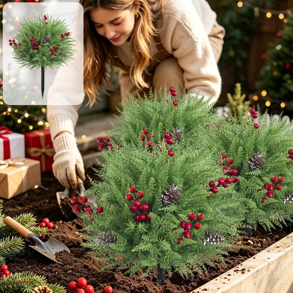 54-Twig Ground Stake with Artificial Cedar Red Berries Cones, 45cm Plastic Ground Stake with Cedar Foliage and Berries, Weatherproof Outdoor Christmas Decor for Yard Garden