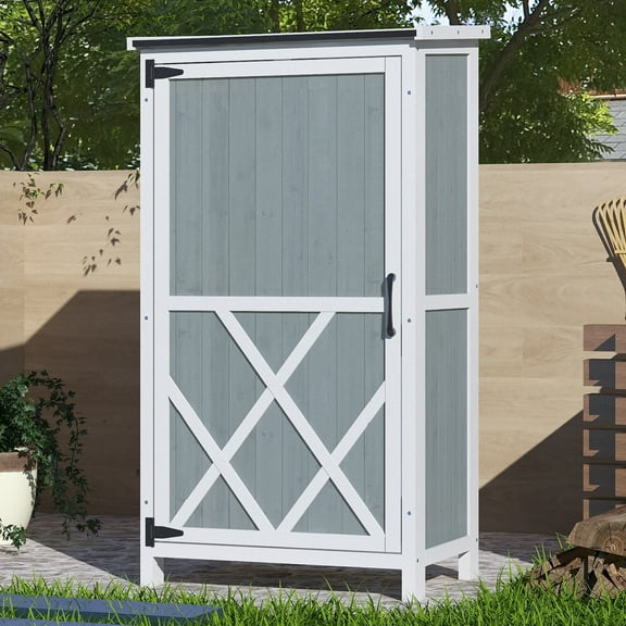 54" Two-Tone Storage Shed - Gray & White Design with Sloped Roof & 5 Customizable Compartments