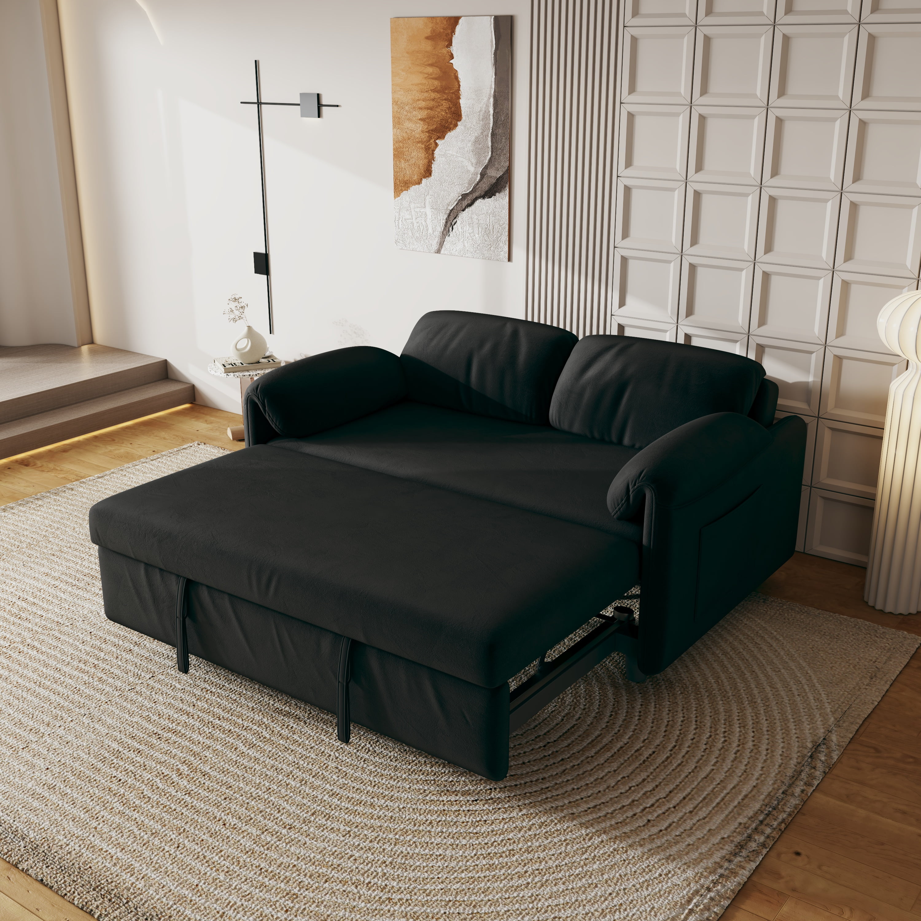 54" Velvet Futon Sofa Bed Convertible Sleeper Sofa Bed Pull Out Sofa Bed With Adjustable Backrest for Living Room,Office,Black
