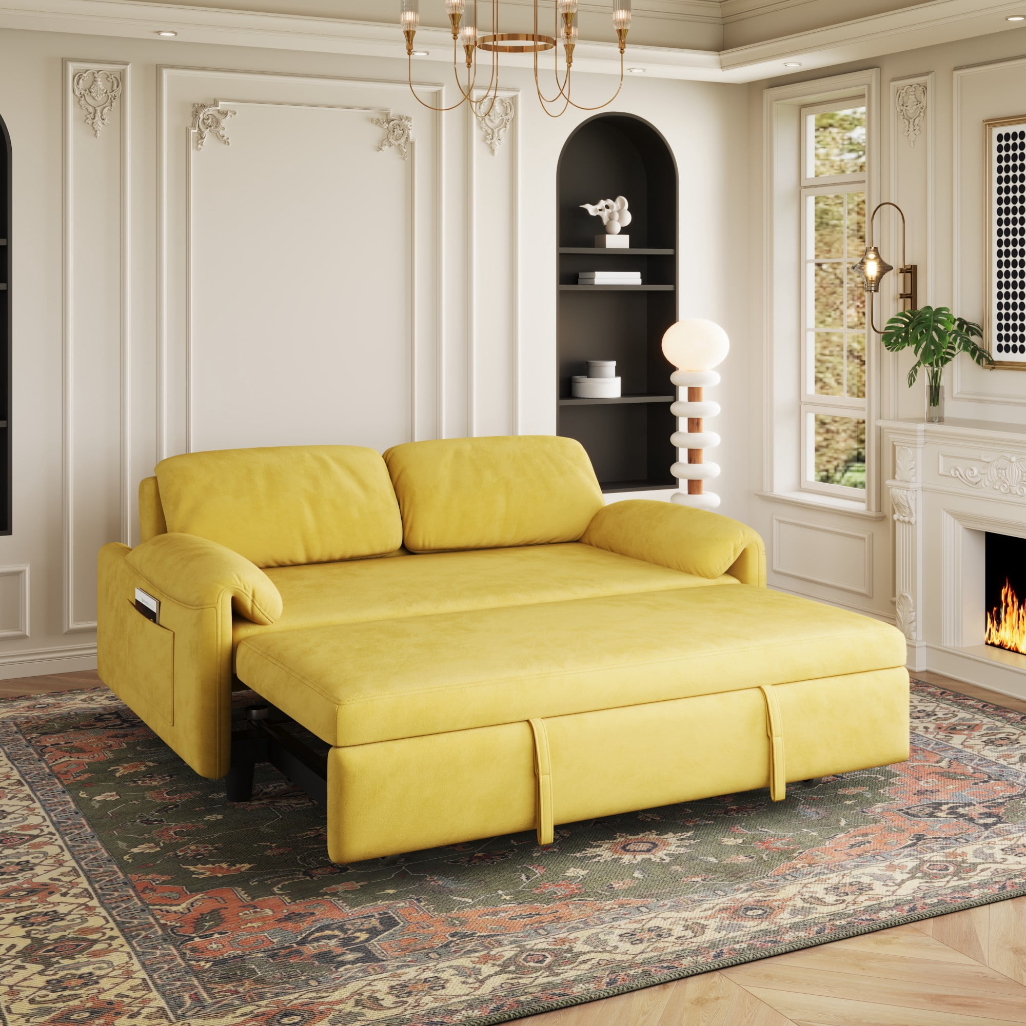 54" Velvet Futon Sofa Bed Convertible Sleeper Sofa Bed Pull Out Sofa Bed With Adjustable Backrest for Living Room,Office,Yellow