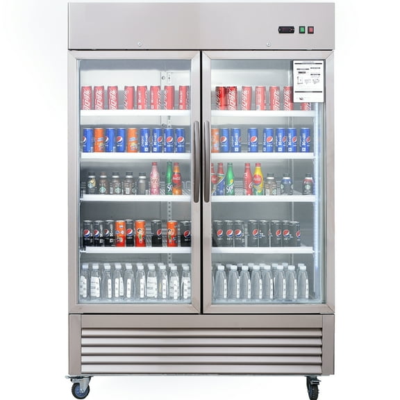 54" W Commercial Display Refrigerator 2 Glass Door Merchandiser 43 Cu.Ft.Stainless Steel Reach-in Glass Door Upright Fan Cooling Refrigerator