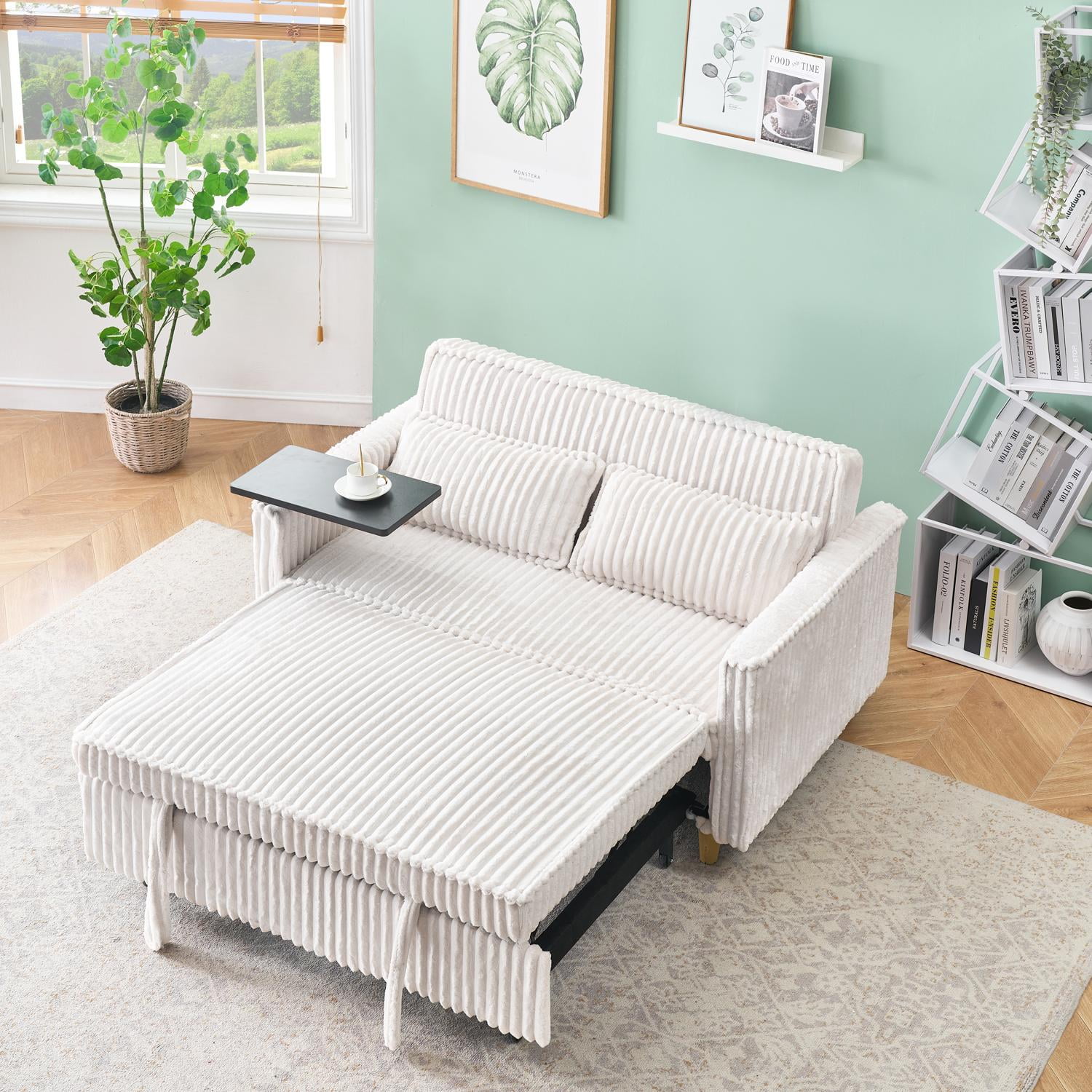 54"W Convertible Sleeper Sofa Bed,3-In-1 Corduroy Pull Out Couch Bed,Futon Loveseat Sleeper Couch with Adjustable Backrest and USB Ports & Side Table,Recliner for Living Room,Office,Small Space,Beige