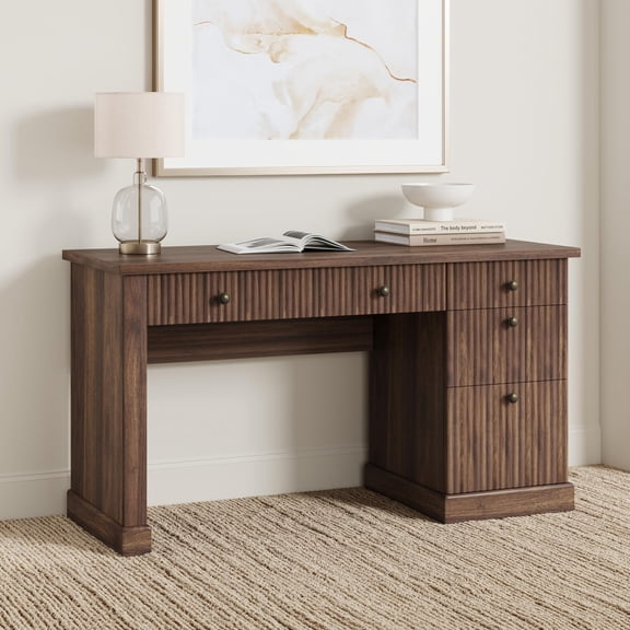 54" W Modern Executive Office Desk with Charging Station & File Drawers, Wooden Computer Desk with Fluted Details, Home Office Storage Desk for Study & Bedroom-Brown