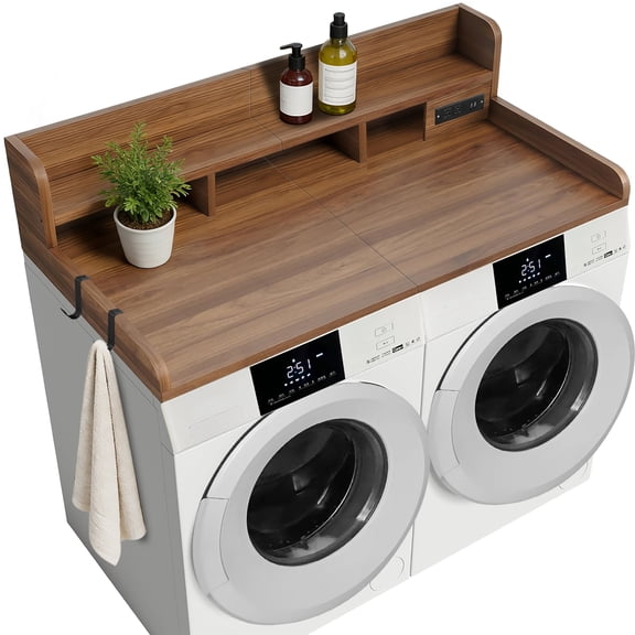 54" Walnut Over Washer Dryer Countertop with 4-in-1 Power Outlet, MDF Laundry Station with 2 Hooks & 2-Tier Storage, Waterproof Laundry Organizer