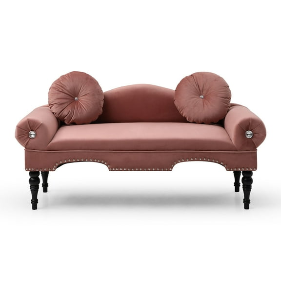 54"Width Modern Velvet Upholstered Loveseat Sofa Accent Bedside Entryway Bench Small Sofa 2 Seater Couch Settee for Living Room Bedroom Nail Head Trimming with Wood Legs 2 Pillows (Pink)