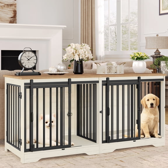 Hzuaneri 54" Double Dog Crate Furniture, Heavy Duty Dog Kennel for 2 Dogs, Decorative Pet Cage with Divider, Barn Door, White Brown