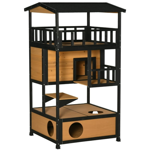 54" Wooden Outdoor Cat Tree Condo w/ Jump Platforms, Asphalt Roof, Escape Doors, Yellow