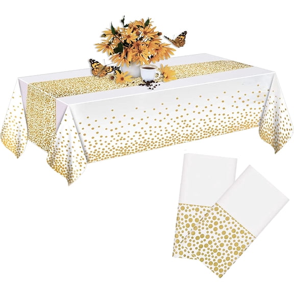 54" X 108" White and Gold Plastic Tablecloth for Party, 2 Pack Disposable White Table Cloths for 8ft Rectangular Table, Birthday, Wedding