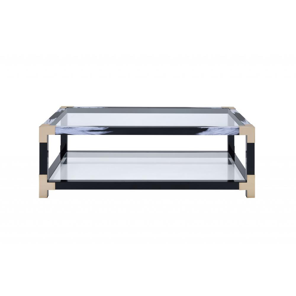 Elegant 54'' White, Black, and Gold Glass Coffee Table with Shelf