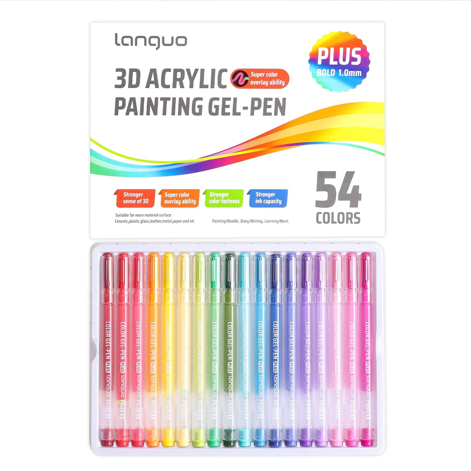 54-color acrylic gel pens, a 3D acrylic paint pen set for coloring, gel pens for black paper, rocks, glass, fabric, DIY and crafts.