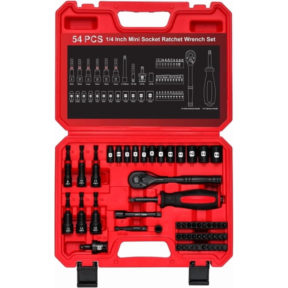54 count 1/4" Mini Socket Ratchet Wrench Set,  Nut Driver Set, Metric Shallow Socket (4-14mm), 6-Point, Mini Ratcheting Wrench,  Bit,  Joints and 3" Extensions