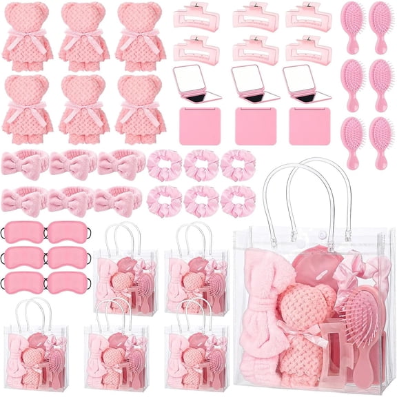 54 count Sleepover Party Supplies Include Bow Headband Eye Mask Bath Towel Scrunchies Hair Clip Comb Puff Mirror Bags for Women Girls Slumber Party Favors()