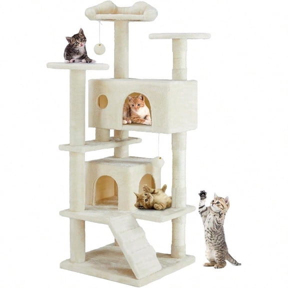 54-inch Indoor Cat Tree Tower Multi-Level Pet House for Large Cats with 2 Condos Scratching Posts Round Platform Small Ladder and Toys Beige