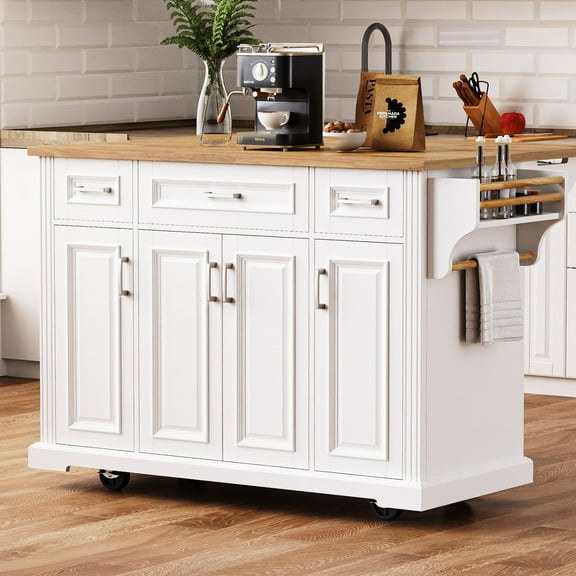 54-inch Large Kitchen Island with Rubber Wood Drop Leaf, Rolling Kitchen Cart on 4 Wheels with 4 Doors and 3 Drawers for Dining Room