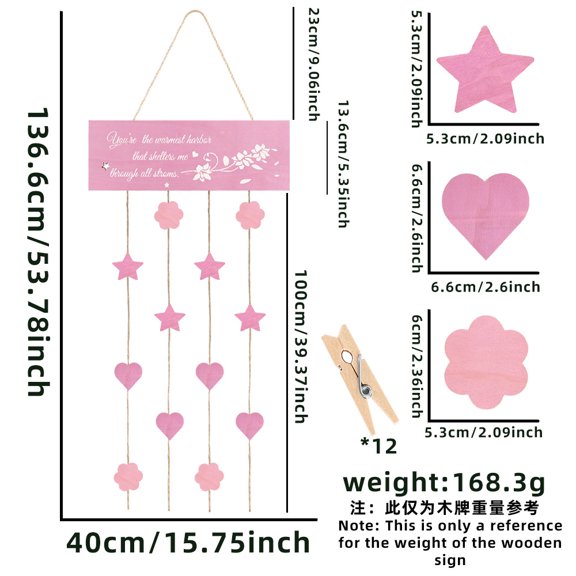 54 inch Wooden Photo Folder Hanging Decorations, Pink Warm and Cozy Mother's Day Gifts Background Wall Home Decorations