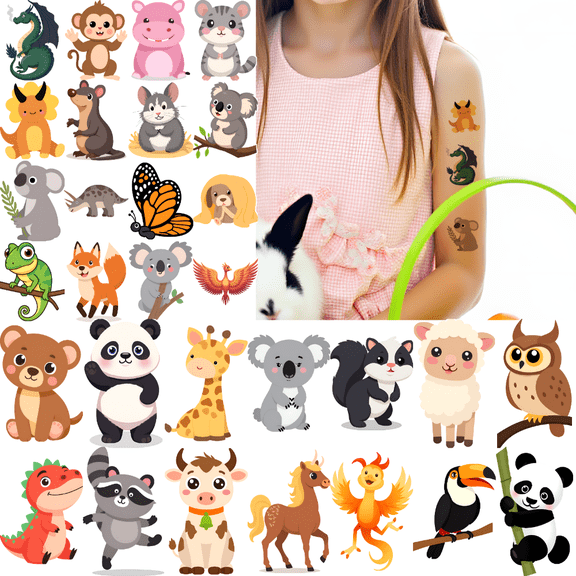 54 temporary tattoo stickers, waterproof long-lasting body stickers cute animals lion monkey fox giraffe kids boys girls tattoo stickers arm forearm shoulder face cheek