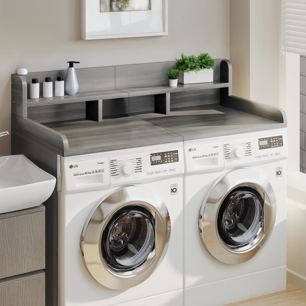 54" x 27.5"Washer Dryer Countertop with Non-slip Pads, Laundry Wood Shelf Topper with Edge, Double Layer Organizer for Washer and Dryer Laundry Hamper Counter Storage, Gray+White Matte