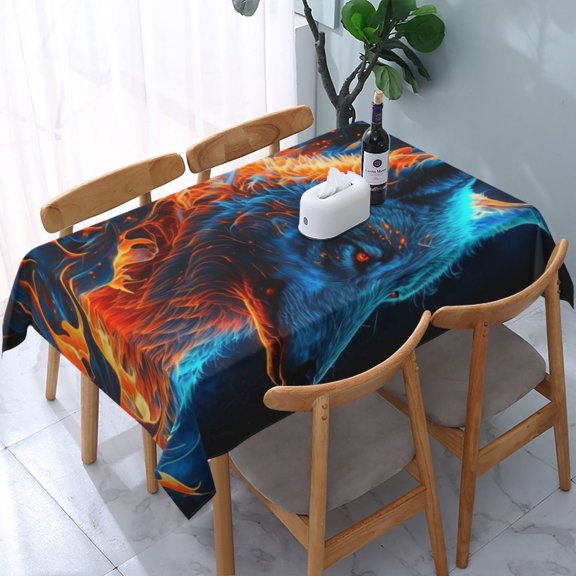 54" x 72" Rectangular Tablecloth, Table Cover for Indoor & Outdoor Dining, Party, Buffet Picnic, Blue Fire Flaming Wolf Cool