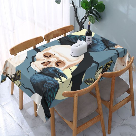 54" x 72" Rectangular Tablecloth, Table Cover for Indoor & Outdoor Dining, Party, Buffet Picnic, Raven Skull Bird Death Butterfly