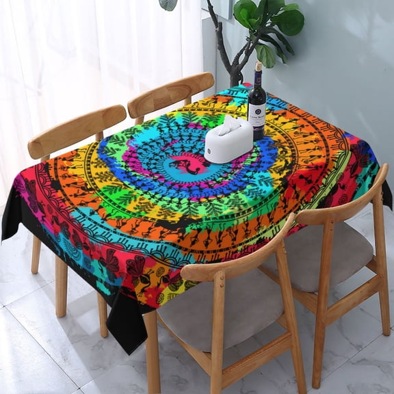 54" x 72" Rectangular Tablecloth, Table Cover for Indoor & Outdoor Dining, Party, Buffet Picnic, Round Warli Tribal Art