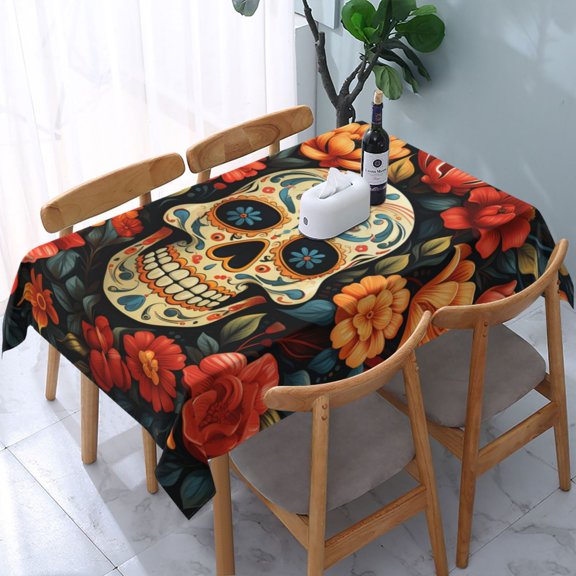 54" x 72" Rectangular Tablecloth, Table Cover for Indoor & Outdoor Dining, Party, Buffet Picnic, Skull Day Of The Dead Gothic Skull Flowers