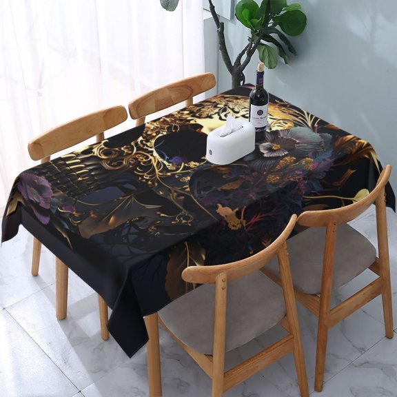 54" x 72" Rectangular Tablecloth, Table Cover for Indoor & Outdoor Dining, Party, Buffet Picnic, Skull Floral Gold Death