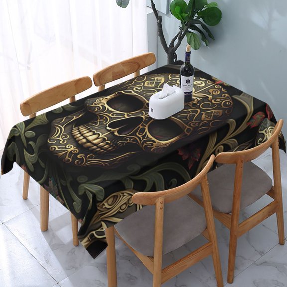 54" x 72" Rectangular Tablecloth, Table Cover for Indoor & Outdoor Dining, Party, Buffet Picnic, Skulls Head Gothic Golden Skull
