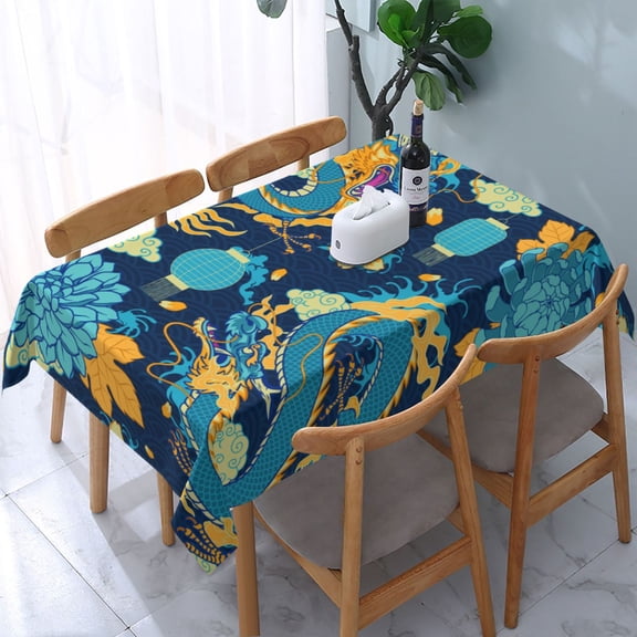 54" x 72" Rectangular Tablecloth, Table Cover for Indoor & Outdoor Dining, Party, Buffet Picnic, Traditional Chinese Dragon Asian