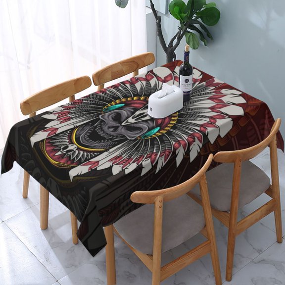 54" x 72" Rectangular Tablecloth, Table Cover for Indoor & Outdoor Dining, Party, Buffet Picnic, Tribal Chief Skull Head Feather