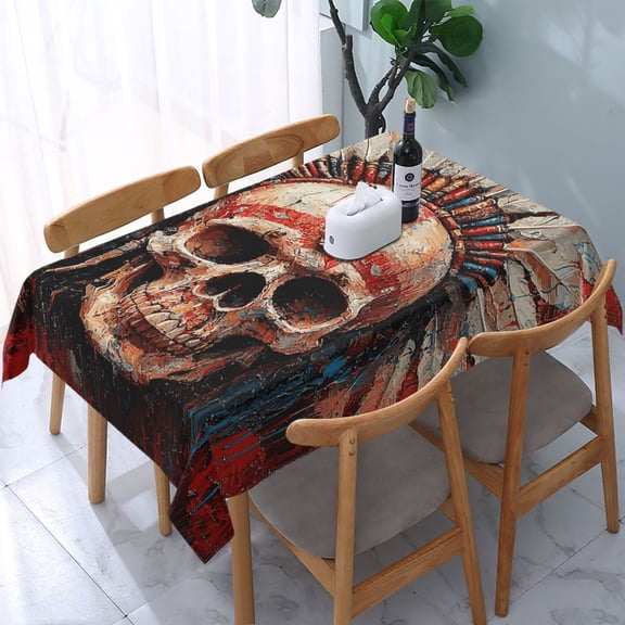 54" x 72" Rectangular Tablecloth, Table Cover for Indoor & Outdoor Dining, Party, Buffet Picnic, Tribal Chief Skull Red