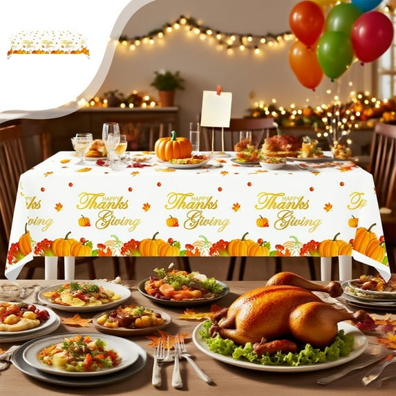 54"x87" Thanksgiving Tablecloth, Disposable Waterproof Oilproof PEVA Plastic for Fall Harvest Party - Pumpkin Maple Leaf Print Multicolor