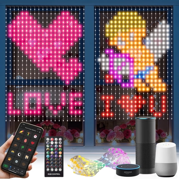 540 LEDs Smart WiFi RGBW Color Changing LED Window Lights with Alexa Valentine’s Day Curtain Lights App & Remote Control Music Sync DIY Animated Heart & Love Patterns, Waterproof Romantic Decor 5 x 6