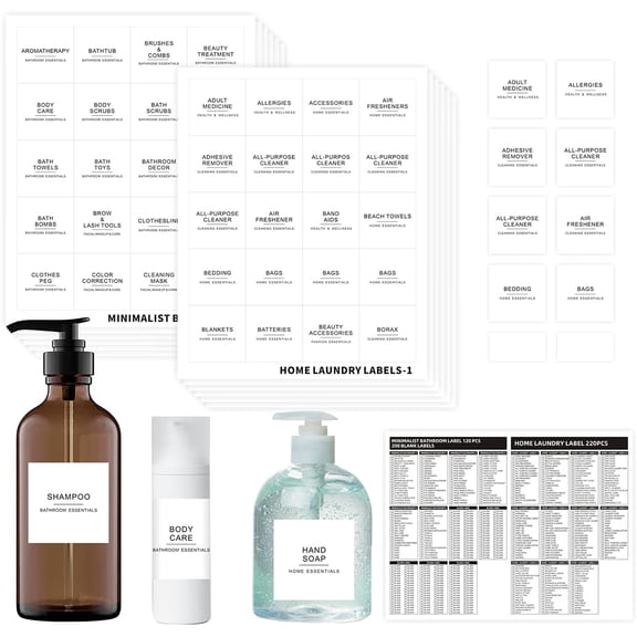 540 PCS Bathroom Home Laundry Labels for Organizing with DIY Blank Labels, Preprinted Minimalist Waterproof Oil Resistant Stickers for Bathroom Laundry Home Beauty Organization Supplies