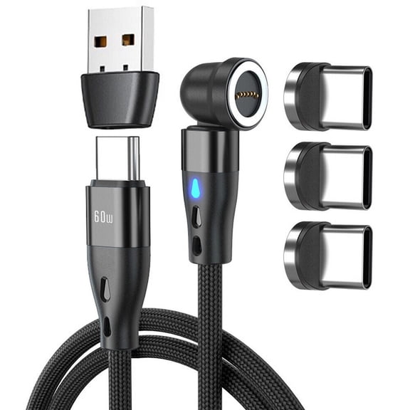 540° Rotation Magnetic Adsorption USB C Fast Charging Cable w/ 3pcs Magnet Type C Tips | PD 60W | Data Sync | Nylon Braided Cord (Black, 1M)