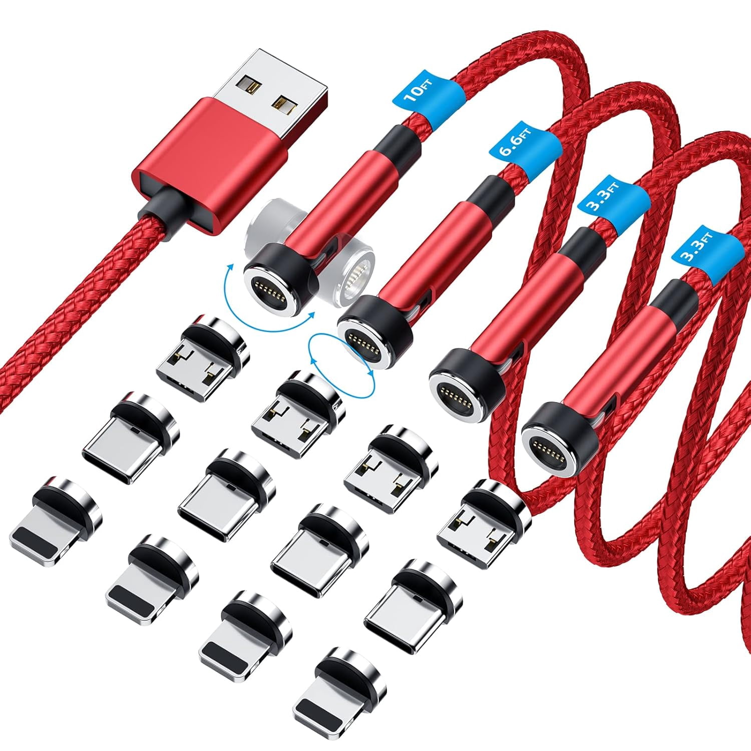 540° Rotation Magnetic Charging Cable, 3 in 1 Magnetic Phone Charger [4-Pack, 3ft/3ft/6ft/10ft] 3A Fast Charging Cable Support Data Transfer USB Magnet Charger Cable for i-P/Micro USB/Type C Device