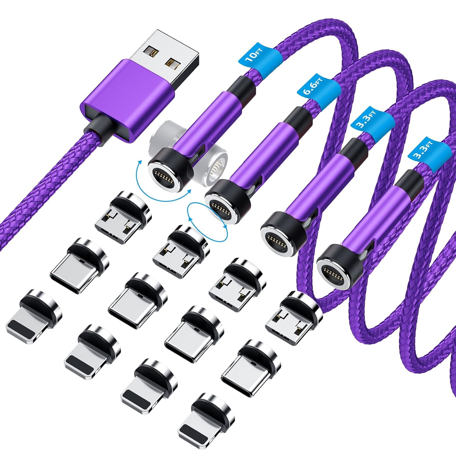 540° Rotation Magnetic Charging Cable, 3 in 1 Magnetic Phone Charger [4-Pack, 3ft/3ft/6ft/10ft] 3A Fast Charging Cable Support Data Transfer USB Magnet Charger Cable for i-P/Micro USB/Type C Device