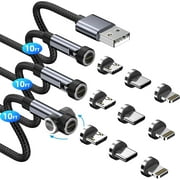 540 ° rotation magnetic charging cable, 3A fast charging magnetic phone charger [3-pack 10ft] 3 in 1 magnetic USB cable support data transfer magnet charger cable for iProduct/Micro USB/Type C device