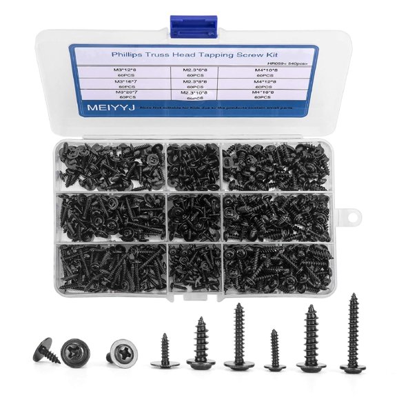 540pcs M2.3 M3 M4 Phillips Truss Head Tapping Screw Wafer Head with Washer, Self Tapping Screw Assortment Kit, Black Carbon Steel.