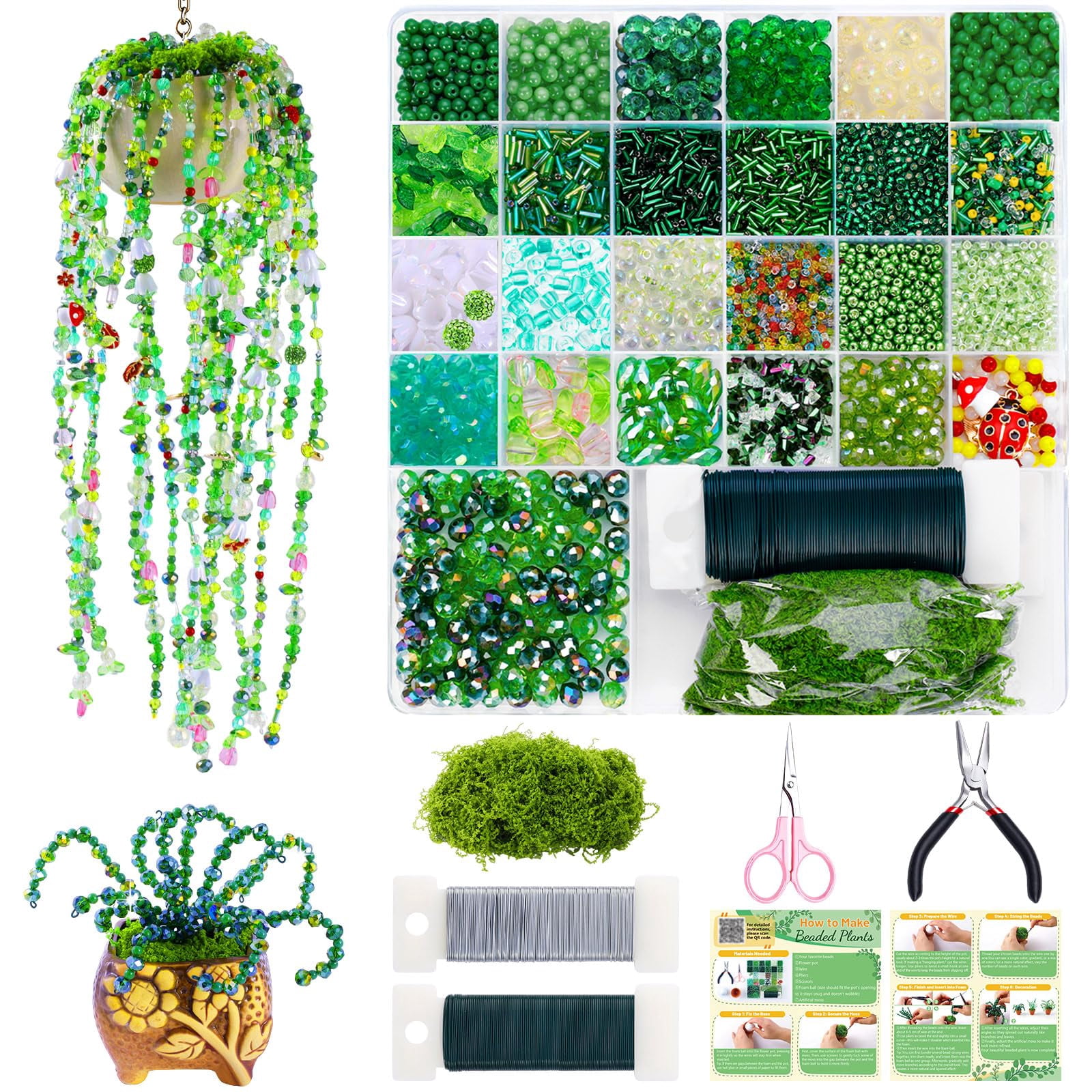5422pcs Green Glass Beaded Plant Kit, Forever Beaded Succulent Making Set with 2 Flower Pots, Iridescent Leaf Beads for DIY Crafts & Jewelry