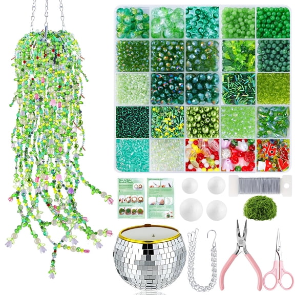 5422pcs Green Glass Beaded Plant Kit, Forever Beaded Succulent Making Set with 2 Flower Pots, Iridescent Leaf Beads for DIY Crafts & Jewelry
