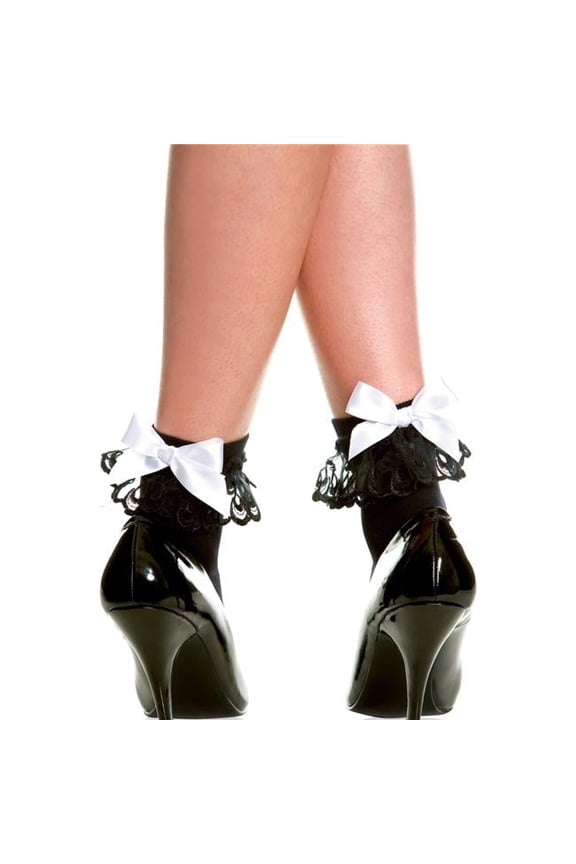 546-BLACK-WHITE Opaque Lace Ruffle Anklet High Socks with Satin Bow, Black & White