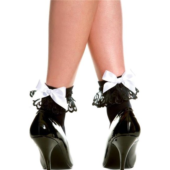 546-BLACK-WHITE Opaque Lace Ruffle Anklet High Socks with Satin Bow, Black & White