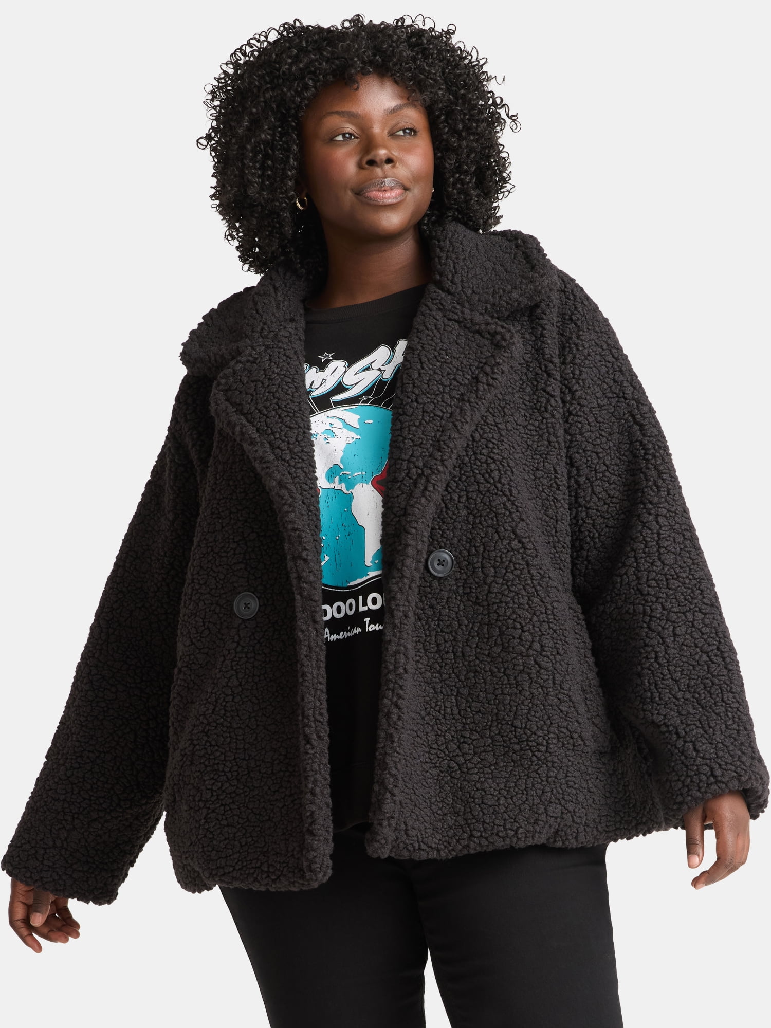 Time and Tru Women's and Women's Plus Teddy Double Breasted Jacket, Sizes XS-3X
