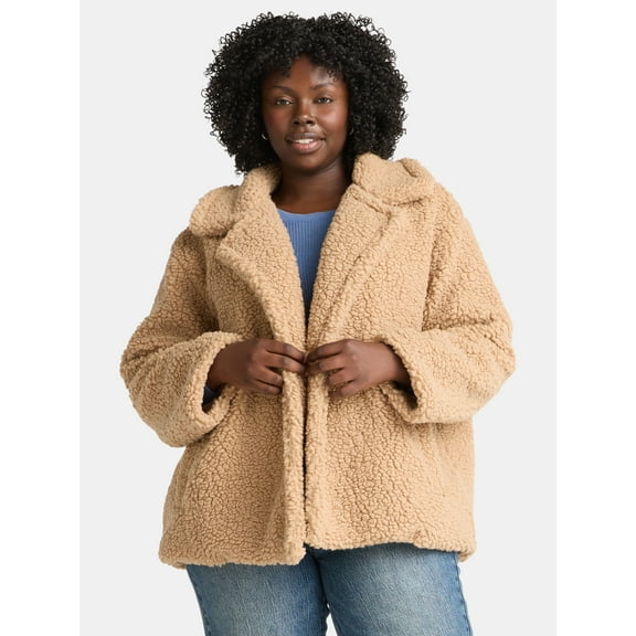 Time and Tru Women's and Women's Plus Teddy Double Breasted Jacket, Sizes XS-3X