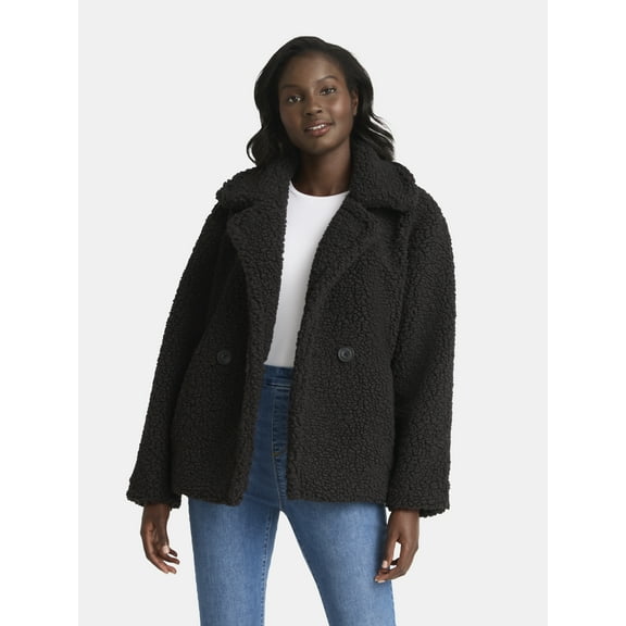 Time and Tru Women's and Women's Plus Teddy Double Breasted Jacket, Sizes XS-3X