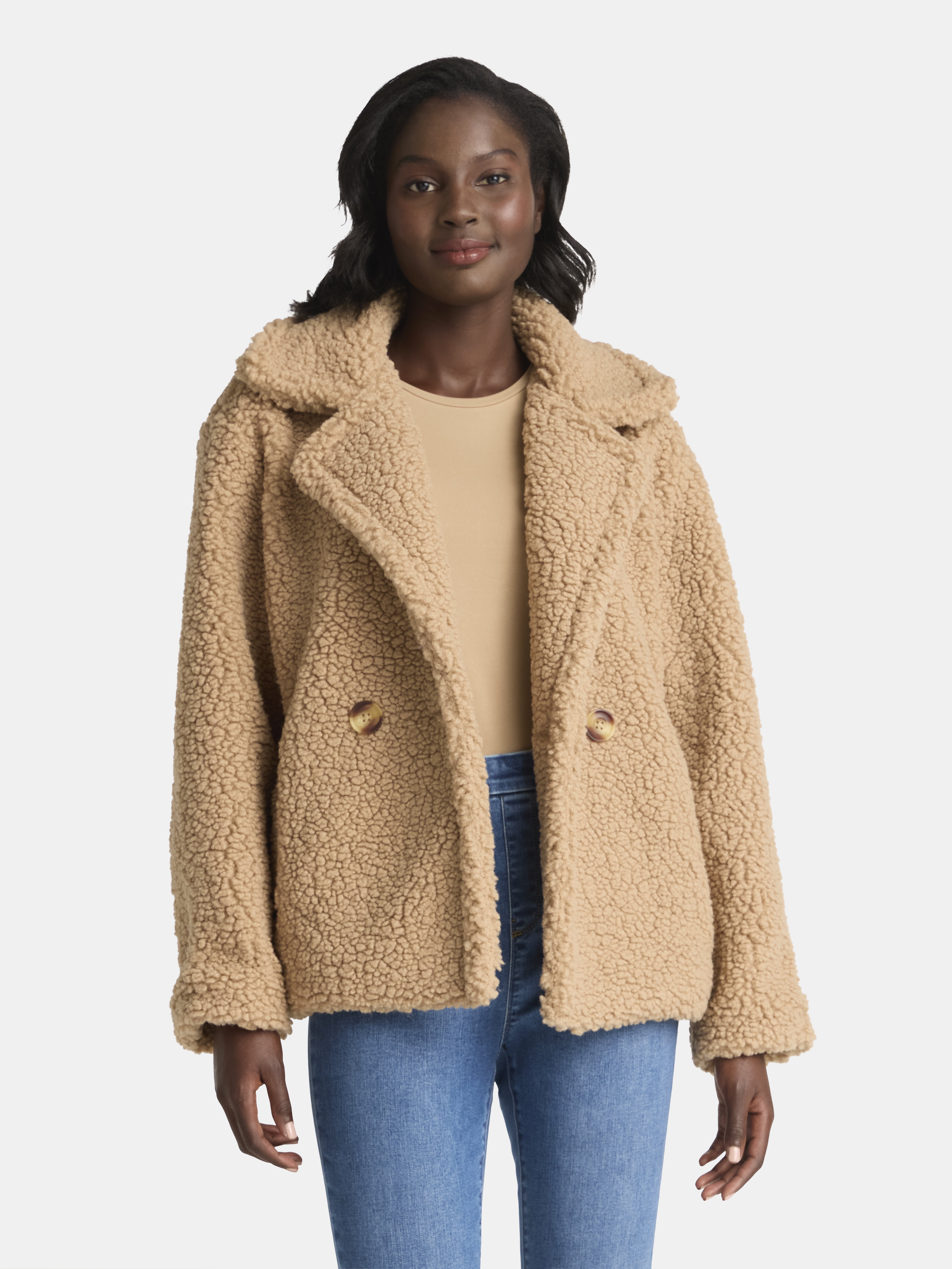 Time and Tru Women's and Women's Plus Teddy Double Breasted Jacket, Sizes XS-3X
