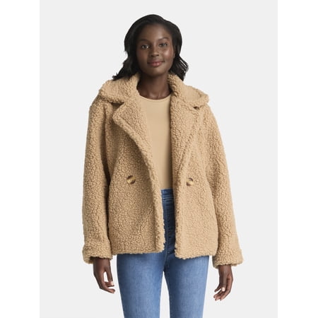 Time and Tru Women's and Women's Plus Teddy Double Breasted Jacket, Sizes XS-3X