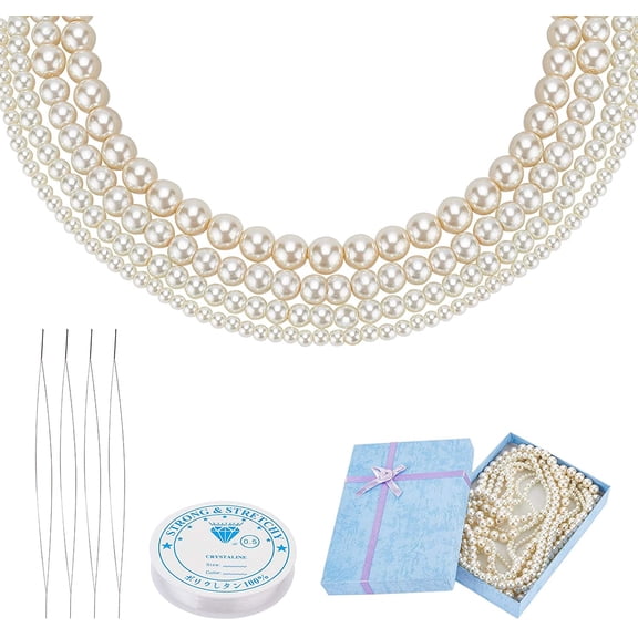 546pcs 4 Size Glass Pearl Beads Strands with Gift Box for Jewelry Making Crafts with 4 Pcs Beading Needle 12.5m String for Earring Bracelet Necklace DIY Jewelry 4mm/6mm/ 8mm/10mm Making DIY